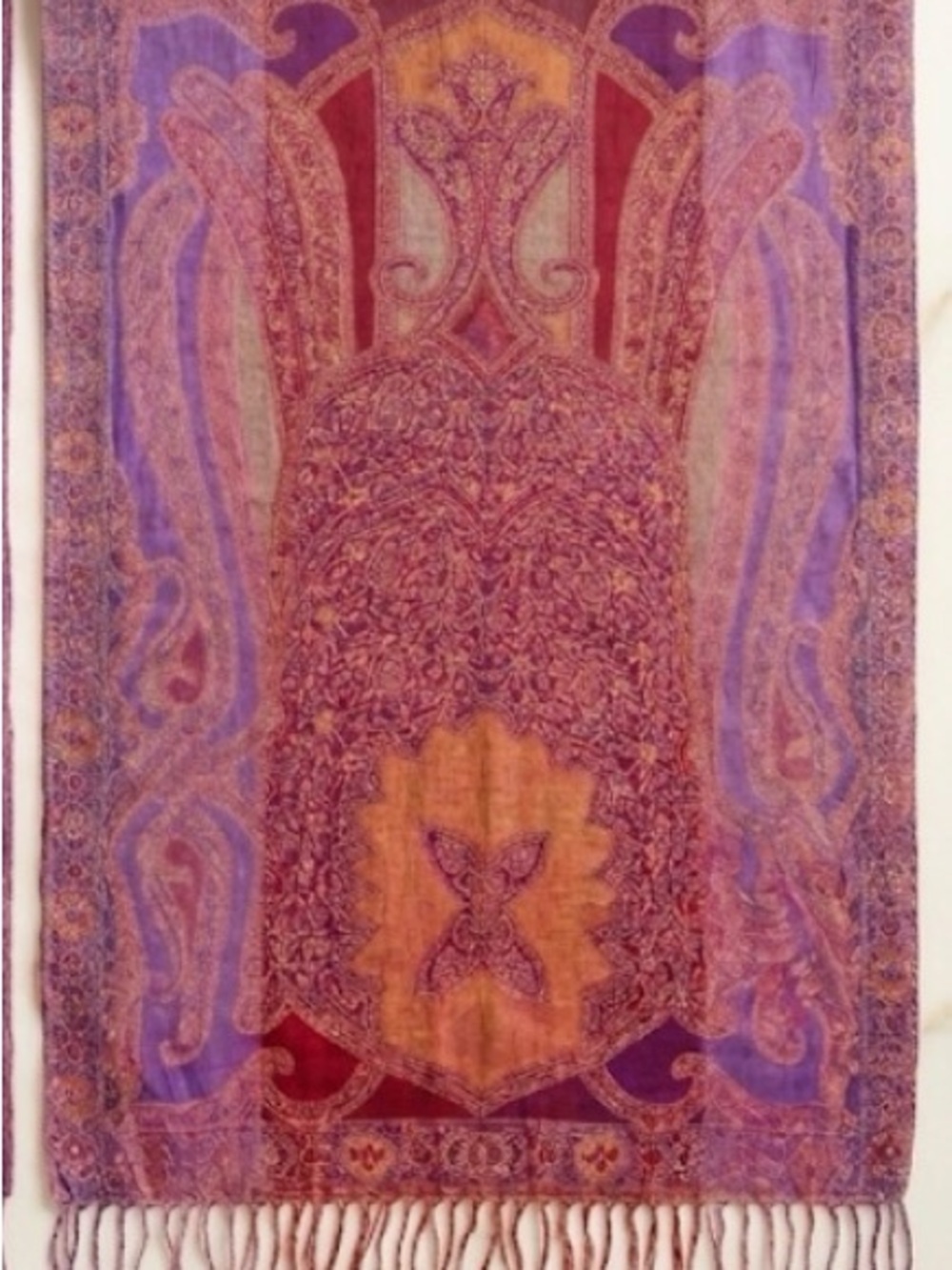 Intricate Paisley Fringed Wool Shawl in Purple & Gold Tones